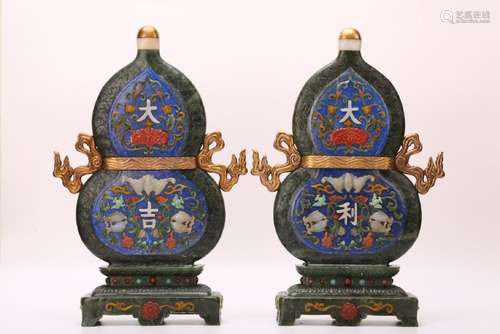 A PAIR OF GEM'S INLAID SPINACH-GREEN JADE DOUBLE-GOURD