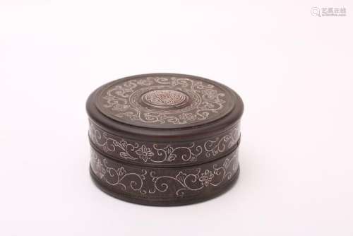 A SILVER-INLAID ZITAN BOX AND COVER.ANTIQUE