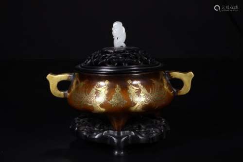 A GOLD-INLAID BRONZE CENSER AND COVER.MARK OF BAO YUE