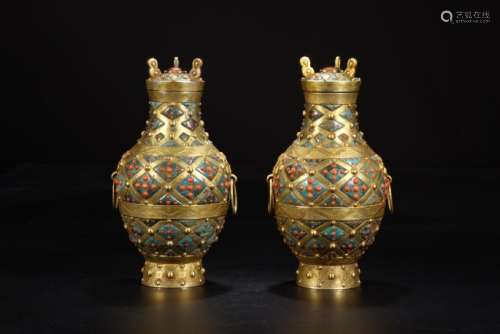 A PAIR OF GEM'S INLAID GILT-SILVER VASE AND COVER.HU.