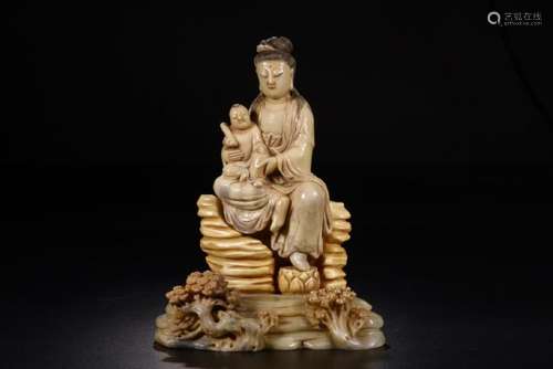 A SHOUSHAN STONE CARVING OF GUANYIN.ANTIQUE