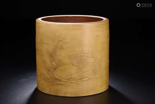 A CARVED YIXING LANDSCAPE BRUSHPOT.BITONG