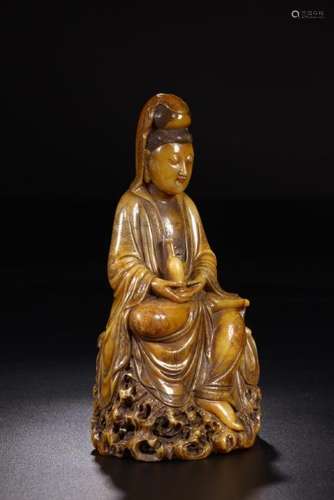 A SHOUSHAN STONE CARVING OF GUANYIN.ANTIQUE