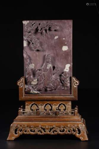 A CARVED DUAN STONE GUANYIN TABLE SCREEN.ANTIQUE