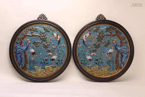 A PAIR OF GILT-BRONZE CLOISONNE ENAMEL WALL PANELS.QING