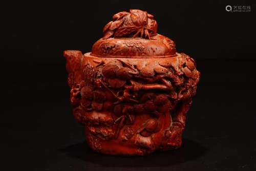 A BAMBOO CARVING OF PINE TREE TEAPOT AND COVER.ANTIQUE