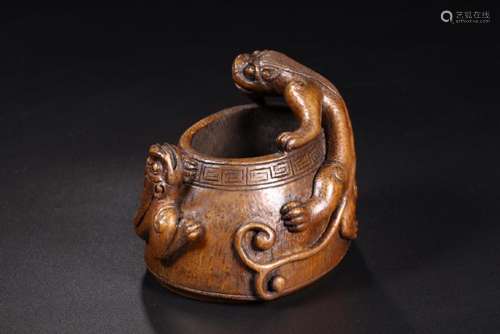 A CARVED BAMBOO DRAGON WATER POT.ANTIQUE