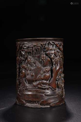 AN AGALLOCH CARVING OF SEVEN SCHALORS BRUSHPOT.BITONG