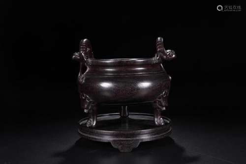 A CARVED ZITAN TRIPOD CENSER.ANTIQUE