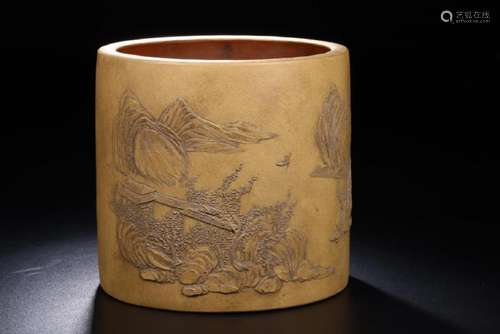 A CARVED YIXING LANDSCAPE BRUSHPOT.BITONG