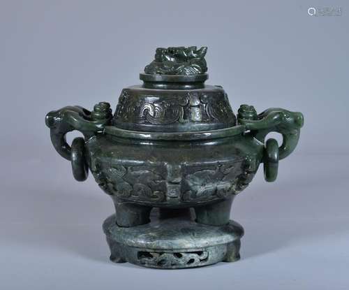 A FINELY CARVED SPINACH GREEN JADE CENSER AND COVER