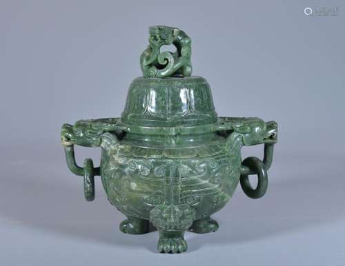 A FINELY CARVED SPINACH GREEN JADE CENSER AND COVER