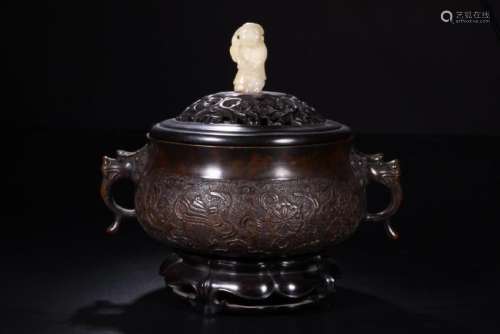 A CARVED BRONZE DRAGON CENSER AND COVER.MARK OF YONG