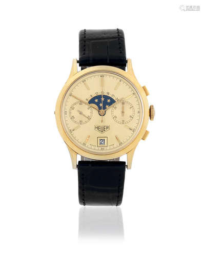 Golden Hours, Ref: 734.508, Circa 1985  Heuer. An 18K gold manual wind calendar chronograph wristwatch with moon phase