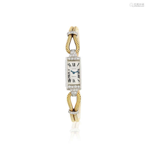1942  Jaeger-LeCoultre for Cartier. A lady's platinum and gold diamond set manual wind rectangular bracelet cocktail watch
