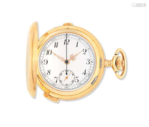 Circa 1890  A 14K gold keyless wind full hunter minute repeating chronograph pocket watch