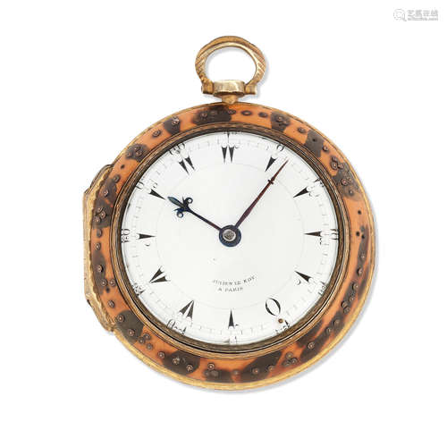 Circa 1850  Julien Le Roy, Paris. A gilt metal and tortoiseshell key wind open face pair case coach watch made for the Turkish market