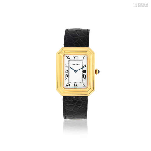 Circa 1990  Cartier. An 18K gold manual wind rectangular form wristwatch with canted corners