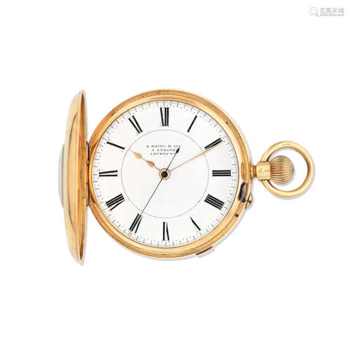 London Hallmark for 1887  S. Smith & Son, 9 Strand, London. An 18K gold keyless wind half hunter pocket watch