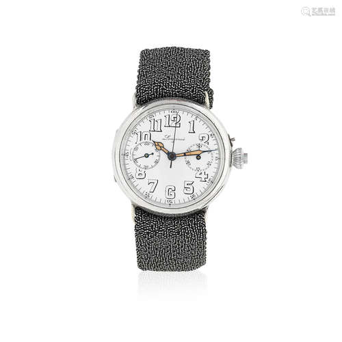 Circa 1915  Longines. An early and rare silver manual wind single button chronograph wristwatch