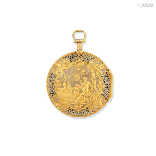 Circa 1740  Gamaliel Voyce. A gold key wind quarter repeating pair case pocket watch with repoussé decoration