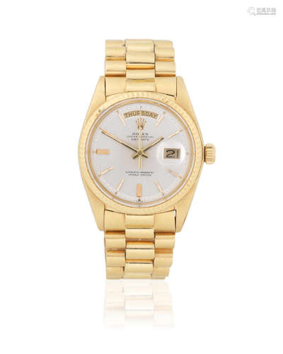 Day-Date, Ref: 1803, Circa 1974  Rolex. An 18K gold automatic calendar bracelet watch