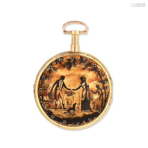 Circa 1799  An unusual and rare 18K gold and gilt key wind calendar striking pair case with painted horn gilt outer case