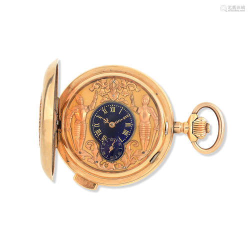 Circa 1900  Bonne. An 18K gold keyless wind minute repeating Jacquemart full hunter pocket watch