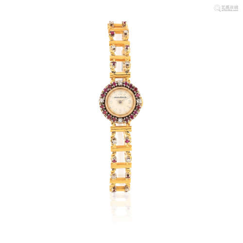 London Import mark for 1962  Jaeger-LeCoultre. A lady's 18K gold diamond and ruby set manual wind cocktail bracelet watch