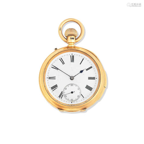 Circa 1900  Johnson & Co, London. An 18K gold keyless wind open face quarter repeating pocket watch