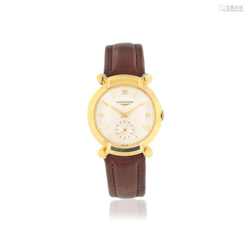 Circa 1950  Longines. A 14K gold manual wind wristwatch with unusual horned lugs