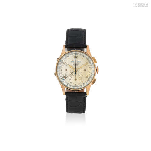 Circa 1950  Heuer. A gold plated and stainless steel manual wind triple calendar chronograph wristwatch