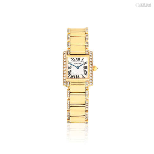 Tank Française, Ref: 2385, Circa 2005  Cartier. A lady's 18K gold and diamond set quartz bracelet watch