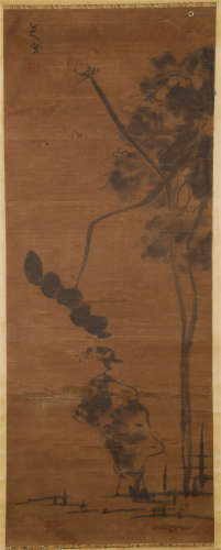 CHINESE ANCIENT  SCROLL PAINTING OF BIRD AND LOTUS