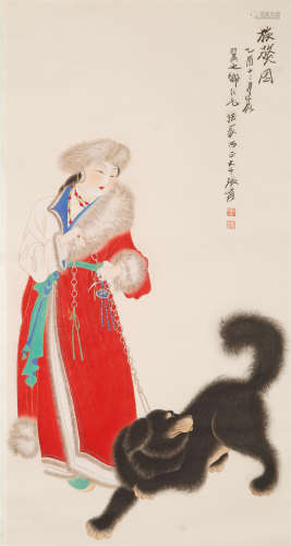 CHINESE SCROLL PAINTING OF TIBETAN GIRL WITH DOG