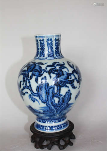 CHINESE PORCELAIN BLUE AND WHITE ROCK AND WAVE JAR QIANLONG OF QING DYNASTY