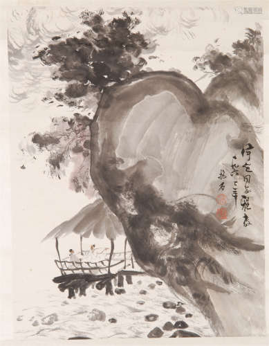 CHINESE SCROLL PAINTING OF WATERFAL VIEWING