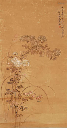 CHINESE ANCIENT SCROLL PAINTING OF FLOWER