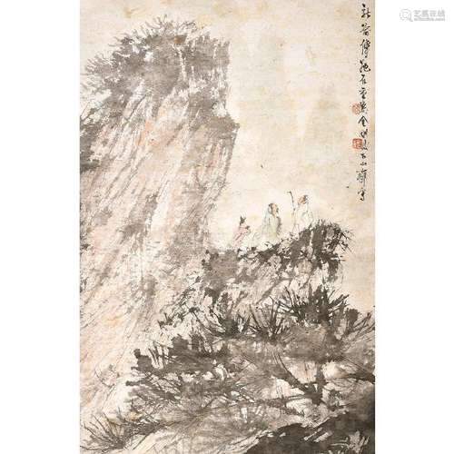 In the Manner of Fu Baoshi: Figures in Landscape