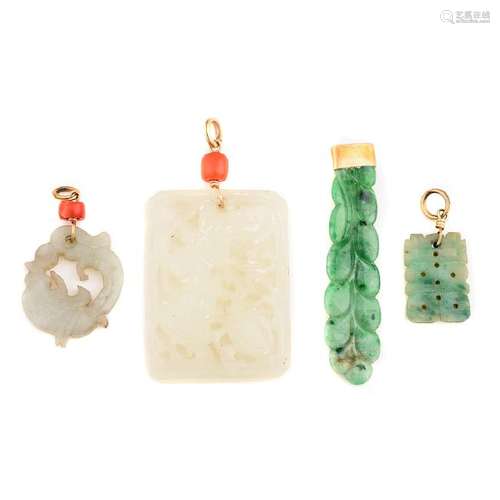 *Collection of Four Asian Jade, Coral Jewelry Items.