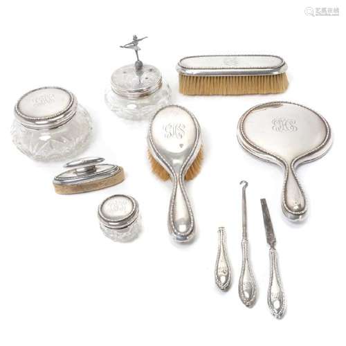 Sterling Silver Monogramed Vanity Set and Dresser Jar