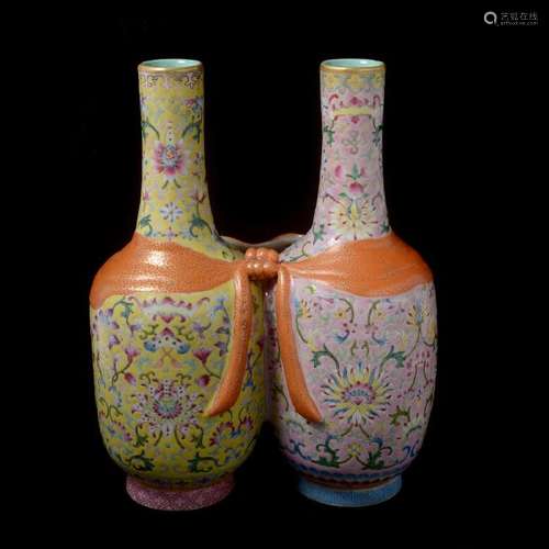 Chinese Famille Rose & Famille Jaune Double Vase