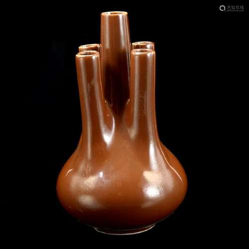 Chinese Brown-Glazed Porcelain Five-Spout Vase