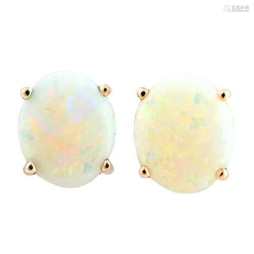 Pair of Opal, 14k Yellow Gold Earrings.