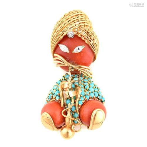 *Dessin Coral, Turquoise, Diamond, 18k Yellow Gold Cat