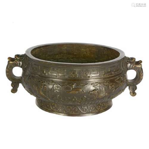 Large Chinese Patinated-Bronze 'Dragon' Censer