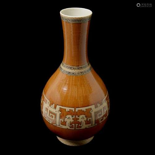 Chinese Key Fret Banded Porcelain Bottle Form Vase