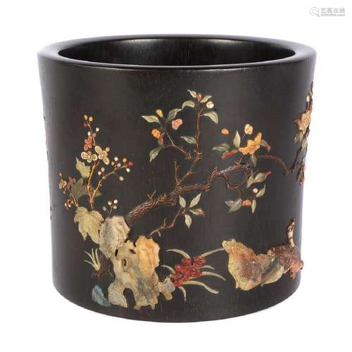 Chinese Faux Bois Grained Lacquered Hardwood Brush Pot