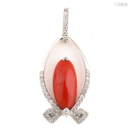 *Coral, Diamond, 14k White Gold Pendant.