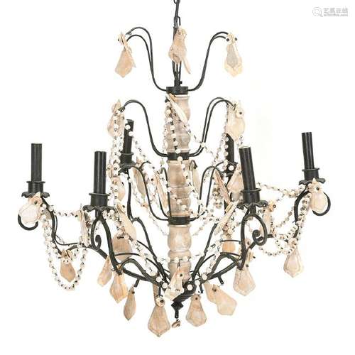 Six-Light Chandelier, Iron and Bleached Pine